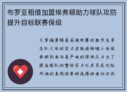 布罗亚租借加盟埃弗顿助力球队攻防提升目标联赛保级 布罗亚租借加盟埃弗顿助力球队攻防提升目标联赛保级
